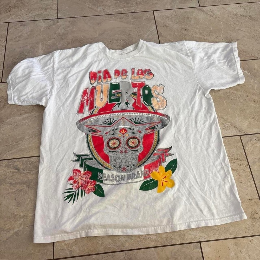 Reason Brand Mens Dia de los Muertos Sugar Skull Graphic T-Shirt White XL